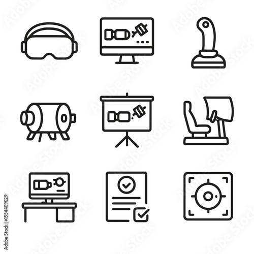 Docking Training Icons. Outline icon set of Docking Simulation Training: VR headset, simulation software, training joystick,