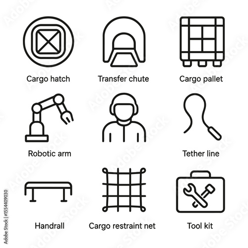 Docking Cargo Icons. Outline icon set of Cargo Transfer via Docking: cargo hatch, transfer chute, cargo pallet, robotic arm, crew