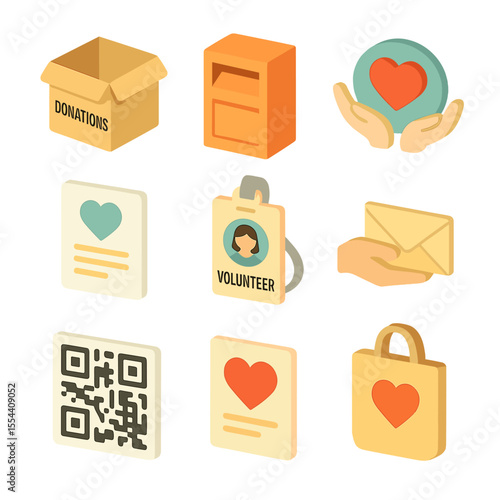 Donation Icon Set. Isometric Flat icon set of donation drive: donation box, collection bin, non-profit logo, volunteer badge,