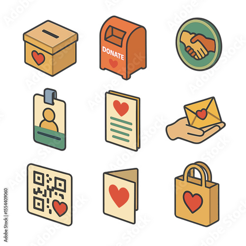 Donation Icon Set. Isometric Flat icon set of donation drive: donation box, collection bin, non-profit logo, volunteer badge,