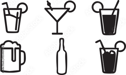 Vector EPS Set of Six Beverage Icons – Outline Style Drinks Including Beer, Cocktails, Juice & Soda for Bar or Café Design Use