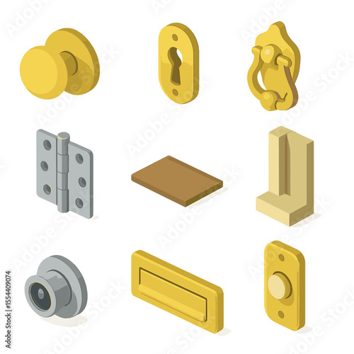 Door Hardware Icons. Isometric Flat icon set of door hardware: doorknob, keyhole escutcheon, door knocker, hinge, threshold, door
