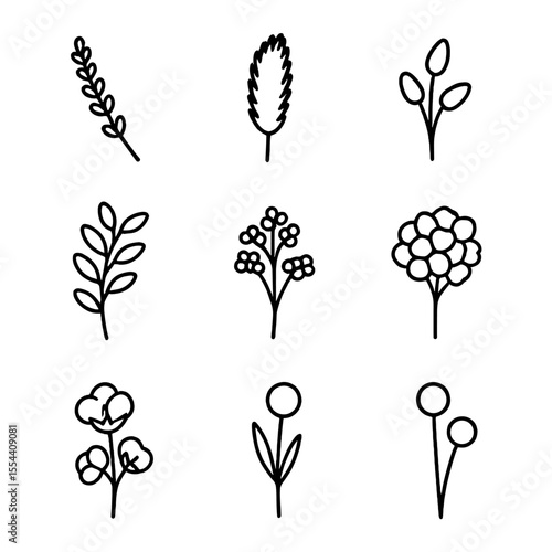 Dried Flower Icons. Outline icon set of Dried Flower Varieties: lavender sprig, pampas grass plume, bunny tail grass, wheat stalk
