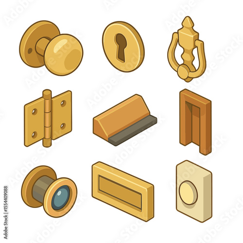 Door Hardware Icons. Isometric Flat icon set of door hardware: doorknob, keyhole escutcheon, door knocker, hinge, threshold, door