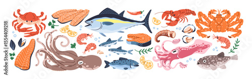 Seafood set. Fresh sea food, shrimps, lobster, marine squid, octopus, ocean shellfish, salmon, tuna and cod fish, mussels, oysters and crab. Flat vector illustration isolated on white background