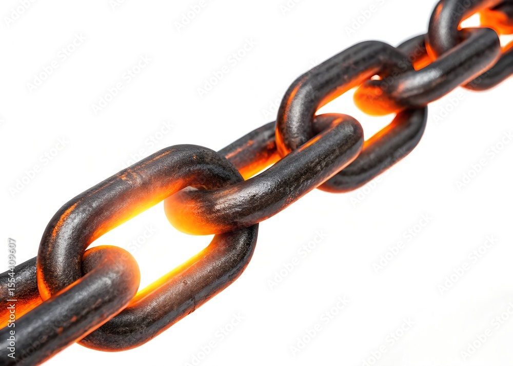 Obraz premium Strong Metal Chain Links with Glowing Orange Energy on white background