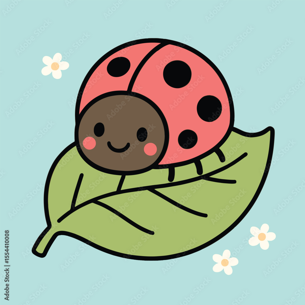 Obraz premium Cute Cartoon Ladybug on Green Leaf - Adorable Insect Vector Illustration for Kids, Nature & Spring Designs