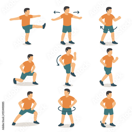 Dynamic Stretching Icons. Isometric Flat icon set of dynamic stretching routine: leg swings, arm circles, torso twists, walking