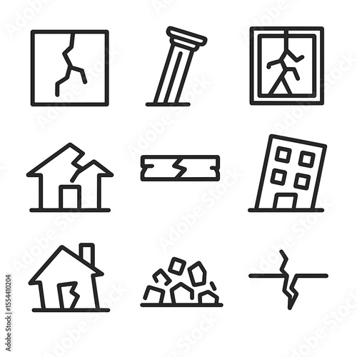 Earthquake Damage Icons. Outline icon set of Earthquake Damage Indicators: cracked wall, leaning pillar, shattered window,