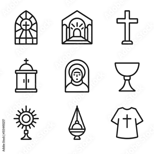Ecclesiastical Art Icons. Outline icon set of Ecclesiastical Art Elements: stained glass window, church nave, altar cross,