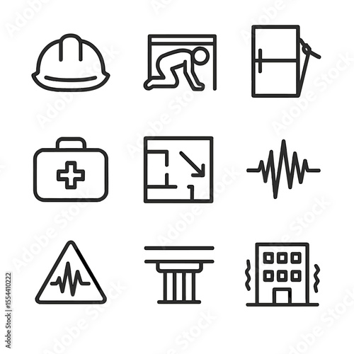 Earthquake Drill Icons. Outline icon set of earthquake drills: hard hat, crouch-cover-hold silhouette, secure furniture icon,