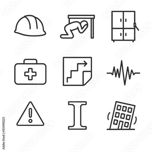 Earthquake Drill Icons. Outline icon set of earthquake drills: hard hat, crouch-cover-hold silhouette, secure furniture icon,