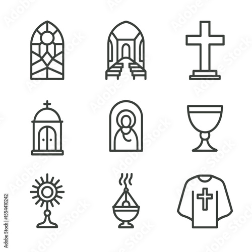 Ecclesiastical Art Icons. Outline icon set of Ecclesiastical Art Elements: stained glass window, church nave, altar cross,