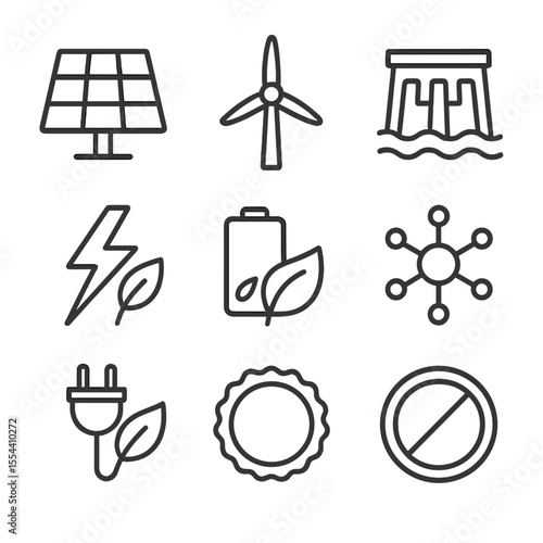 Eco Energy Icons. Outline icon set of green energy certification labels: solar panel grid, wind turbine silhouette, hydro dam icon