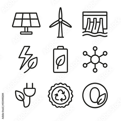 Eco Energy Icons. Outline icon set of green energy certification labels: solar panel grid, wind turbine silhouette, hydro dam icon