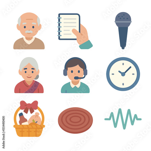 Elder Language Icon Set. Isometric Flat icon set of elder language interviews: elder avatar, interviewer notebook, handheld