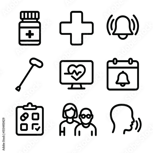 Elderly Care Icons. Outline icon set of elderly care virtual assistance: pill bottle, medical cross, emergency button, walking