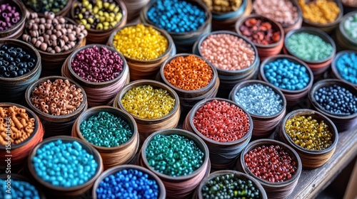 Colorful beads in small bowls