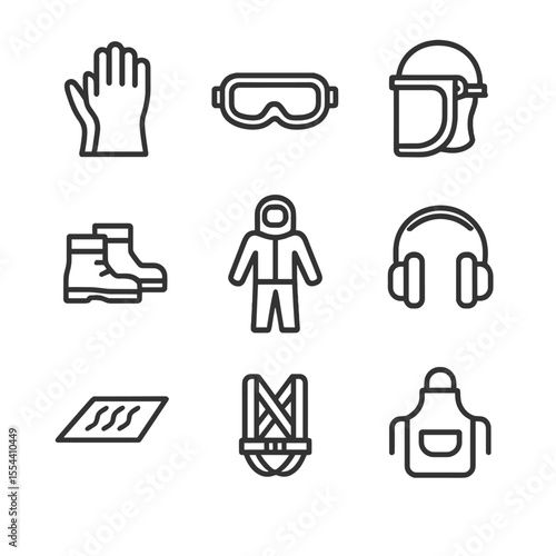 Electrical Safety Icons. Outline icon set of Electrical Personal Protective Equipment: rubber insulating gloves, safety goggles,