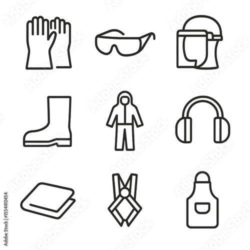 Electrical Safety Icons. Outline icon set of Electrical Personal Protective Equipment: rubber insulating gloves, safety goggles,