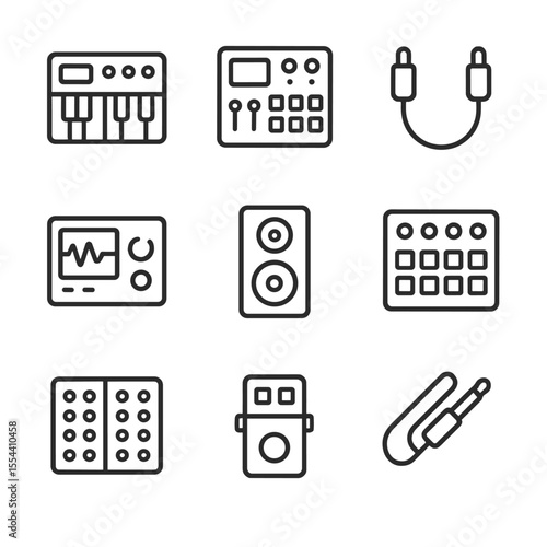 Electronic Music Icon Set. Outline icon set of electronic game soundtracks: synthesizer keyboard, drum machine, MIDI cable,