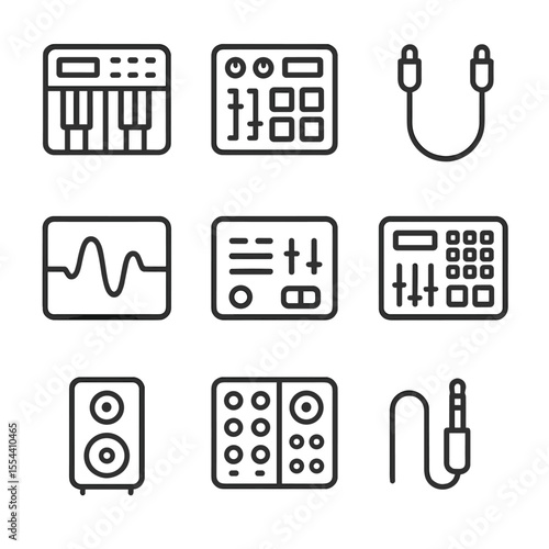 Electronic Music Icon Set. Outline icon set of electronic game soundtracks: synthesizer keyboard, drum machine, MIDI cable,