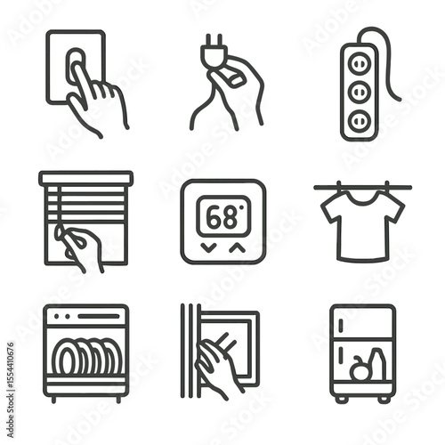 Energy-Saving Icon Set. Outline icon set of homeowner energy-saving behaviors: turning off light switch, unplugging charger, using