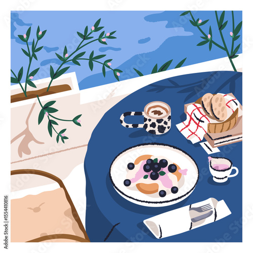 Breakfast outdoors on cafe terrace by water. Pancakes, coffee cup on dining table, stylish serving. Cozy summer brunch, vacation morning meal aesthetics, food and drink. Flat vector illustration.