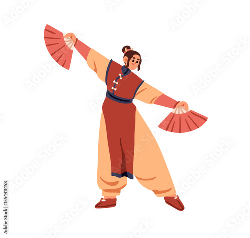 Fan dance, traditional Chinese performer. Asian woman dancer in folk cultural...