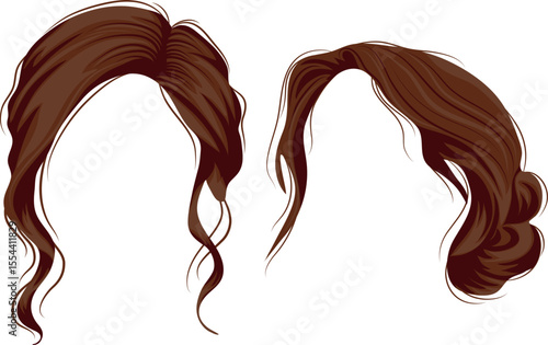 set of two styling and hairstyle templates for medium-length brown female hair for female characters styled in messy hairstyles