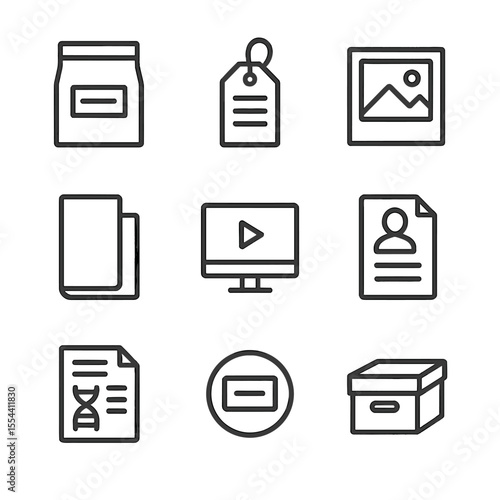 Evidence Management Icons. Outline icon set of Evidence Management: evidence bag, chain of custody tag, photo exhibit, document
