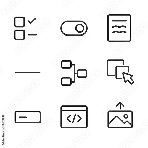 Exam Question Icons. Outline icon set of exam question types: multiple choice box, true/false switch, essay sheet,