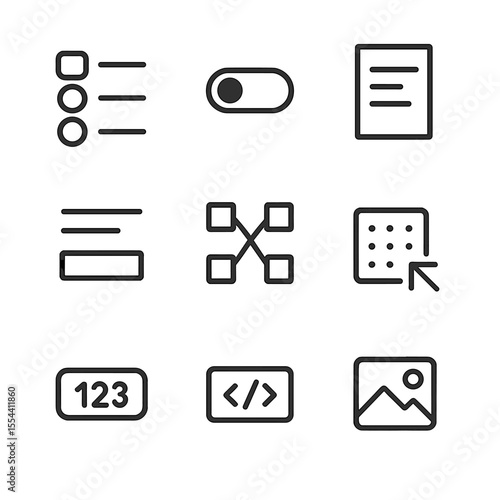 Exam Question Icons. Outline icon set of exam question types: multiple choice box, true/false switch, essay sheet,