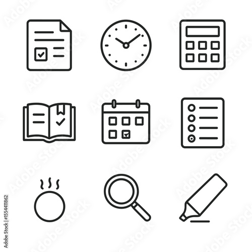 Exam Preparation Icons. Outline icon set of Exam Preparation: exam paper, ticking clock, calculator, marked textbook, revision