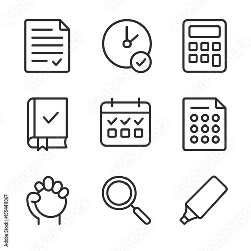Exam Preparation Icons. Outline icon set of Exam Preparation: exam paper, ticking clock, calculator, marked textbook, revision