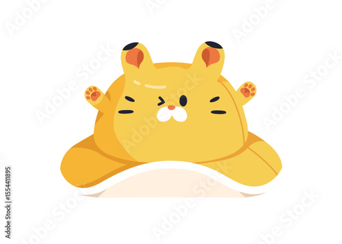 Kids hat with cute cat, animal head. Panama, summer sunhat with feline face, ears, paws, headwear. Childrens accessory, sun protection cap. Flat vector illustration isolated on white background