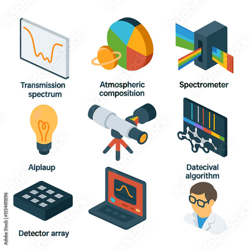 Exoplanet Spectroscopy Icons. Isometric Flat icon set of exoplanet atmospheric spectroscopy: transmission spectrum graph,