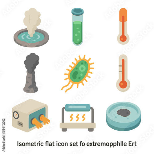 Extremophile Research Icons. Isometric Flat icon set of extremophile research on Earth: hot spring vent, acidic pool test tube,