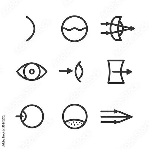 Eye Refraction Icons. Outline icon set of light refraction in eye: corneal curvature, aqueous humor, lens focusing, vitreous humor