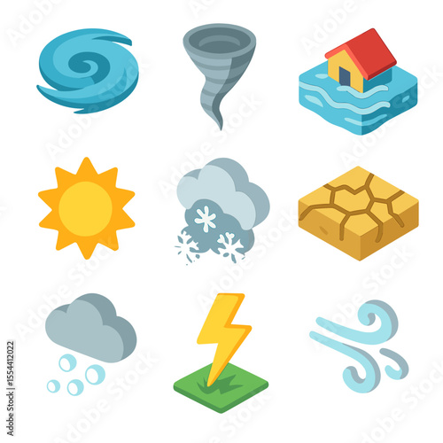 Extreme Weather Icons. Isometric Flat icon set of extreme weather events: hurricane symbol, tornado funnel, flash flood, heatwave