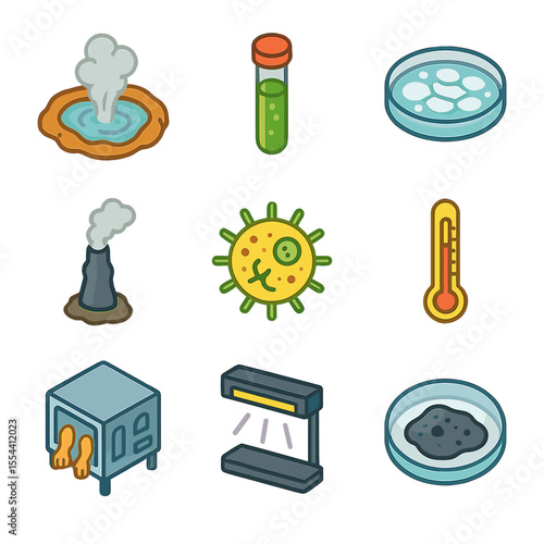 Extremophile Research Icons. Isometric Flat icon set of extremophile research on Earth: hot spring vent, acidic pool test tube,