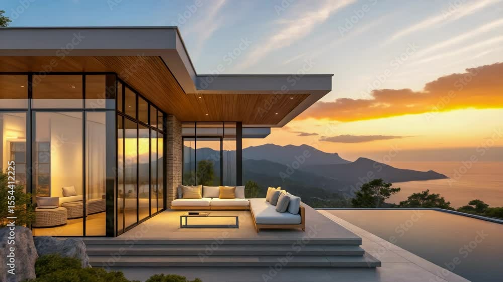 Discover architectural elegance with this luxurious home boasting a stunning infinity pool, complemented by scenic mountain and sea views during a vibrant sunset glow. Discover architectural elegance with this luxurious home boasting a stunning infinity pool, complemented by scenic mountain and sea views during a vibrant sunset glow.