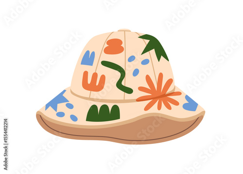 Panama hat with abstract pattern. Colorful summer sunhat for kids. Sun protection headwear with modern shapes print, brim. Head wear, clothing. Flat vector illustration isolated on white background