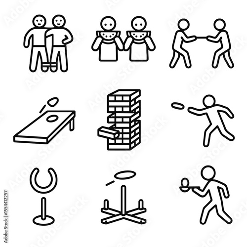 Family Games Outline Icons. Outline icon set of family reunion games: three-legged race, watermelon eating contest, tug of war