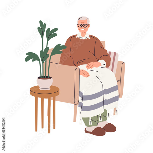 Old senior aged woman sitting in armchair. Elderly female with gray hair and ...