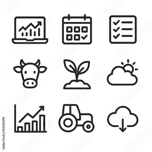 Farm Management Icons. Outline icon set of farm management software: laptop with analytics, calendar, task list, cow icon, crop