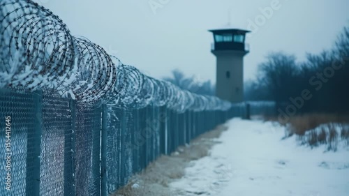 Winter scene of a prison perimeter with barbed wire fence and a guard tower, cold weather, security, and a somber atmosphere.