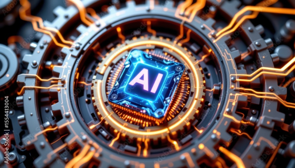 Fototapeta premium Detailed view of a glowing AI integrated circuit, with intricate circuits and digital design