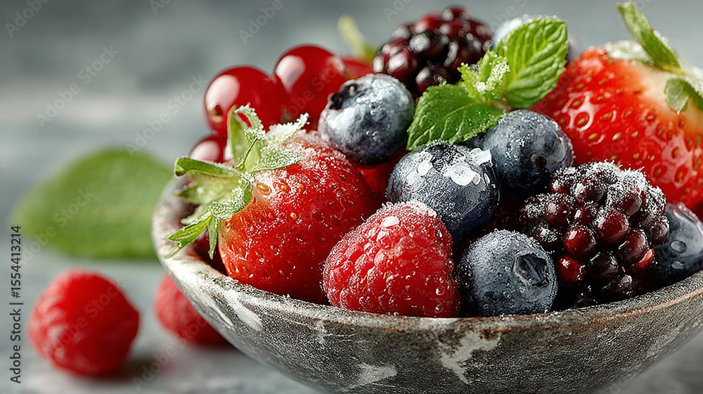 Healthy mixed berry bowl with mint leaves placed on white marble surface, perfect for wellness, whole food lifestyle, and vibrant organic fruit flat lay photography Healthy mixed berry bowl with mint leaves placed on white marble surface, perfect for wellness, whole food lifestyle, and vibrant organic fruit flat lay photography