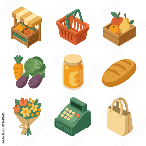 Farmers Market Icons. Isometric Flat icon set of local farmers market: produce stand, shopping basket, fresh vegetables, fruit